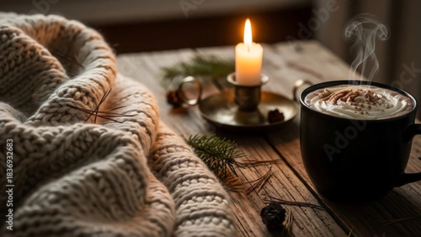 Fototapeta A cozy evening atmosphere with a black hot chocolate mug, a lit candle, a thick knitted scarf, and a fir branch on a wooden table.