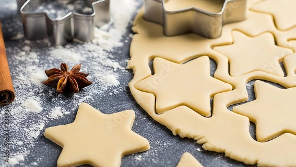 Fototapeta Close-up of cookie dough cut into star shapes using a metal cookie cutter, on a floured table adorned with cinnamon sticks and star anise.