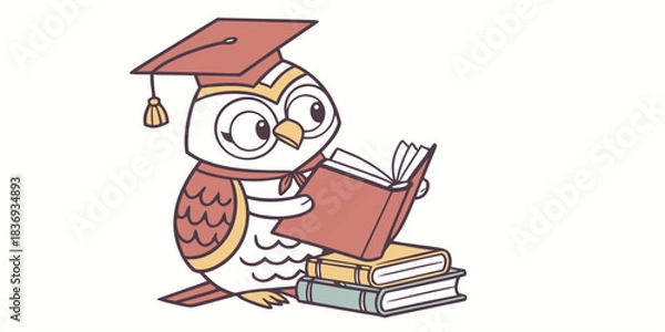 Fototapeta Adorable cartoon owl wearing graduation cap studies diligently with a stack of textbooks for academic success themes