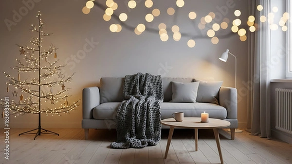 Fototapeta Modern and minimalist living room interior at night, featuring a gray sofa with a knitted blanket, a contemporary Christmas tree made of LED light strings, and bokeh lights hanging from the ceiling.