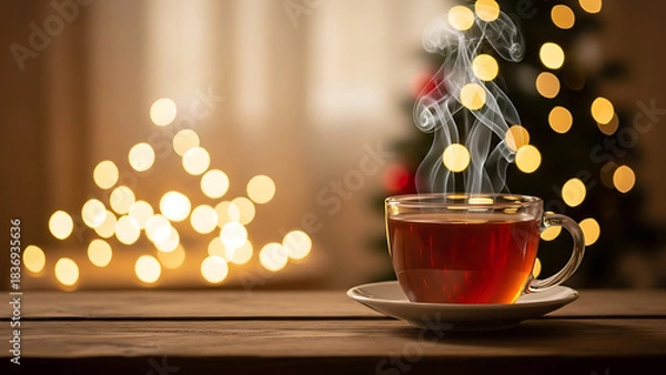 Fototapeta A cup of steaming hot tea on a saucer on a wooden table, with a blurred and warm Christmas tree light background in the evening.