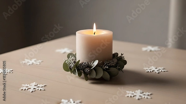 Fototapeta A large pillar candle lit in the center of a garland of eucalyptus leaves and pine cones, adorned with paper snowflakes on a wooden table.
