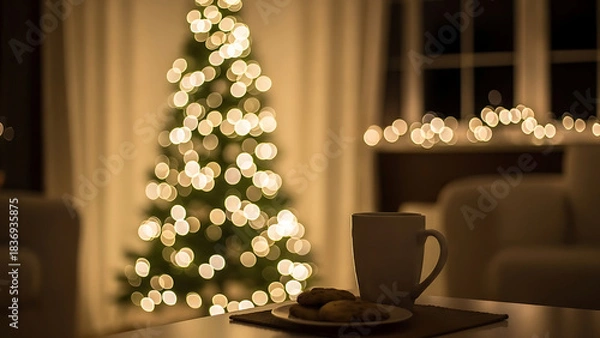 Fototapeta A warm and cozy scene with a mug of hot drink and cookies on a table, with a brightly lit and soft-focus Christmas tree bokeh in the blurred living room background.