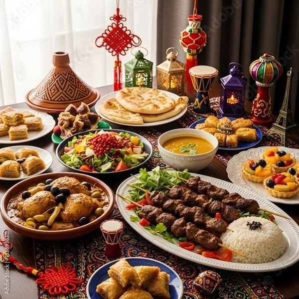 Fototapeta A beautifully arranged table filled with Middle Eastern dishes including kebabs, tajine, salads, desserts, and flatbreads. Decorated with festive lanterns, Islamic ornaments, and warm lighting,