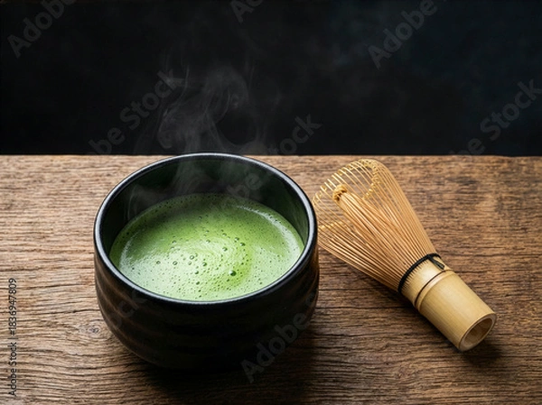 Obraz 湯気の立つ抹茶と竹製の茶筅の静物写真