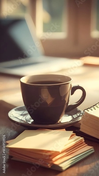 Obraz with open planner, sticky notes, laptop and coffee cup symbolizing life strategy