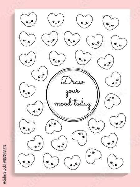 Obraz Mood tracking page template with cute kawaii hearts, mental health vector planner