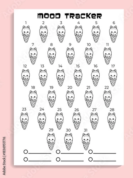 Obraz Kawaii Ice Cream Monthly Mood Planner, Vector Mood Tracker