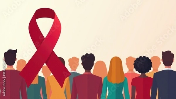 Fototapeta A group of people gathered together with a red ribbon, symbolizing unity and solidarity