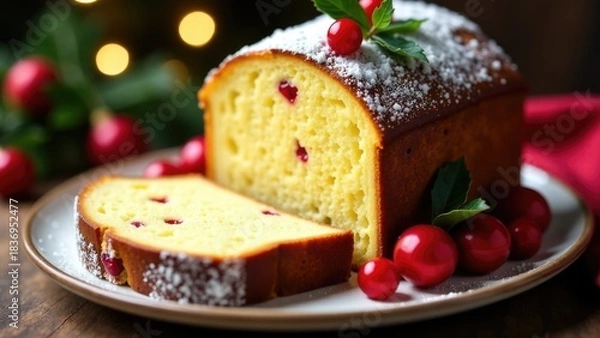 Fototapeta Freshly baked loaf of cake with a slice removed, perfect for snacks or parties