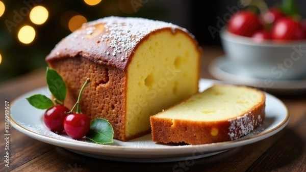 Fototapeta A delicious-looking loaf of cake served with fresh cherries on a plate, perfect for a dessert or snack