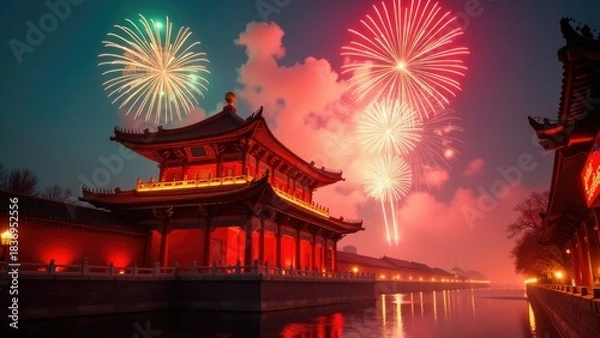 Fototapeta A Chinese building illuminated by colorful fireworks in the night sky