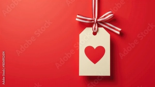 Fototapeta A simple heart-shaped tag hangs on a bright red wall, providing a pop of color