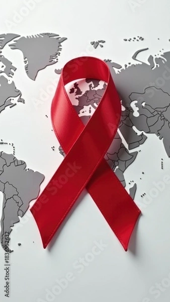 Fototapeta A red ribbon placed on the surface of a world map, often used as a symbol of global connection or awareness
