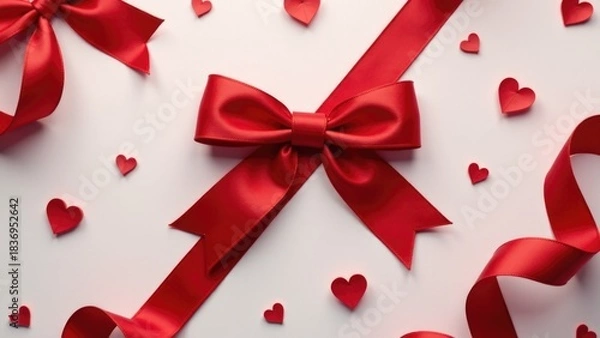 Fototapeta A simple design featuring red ribbons and hearts on a white background, suitable for Valentine's Day or other romantic occasions