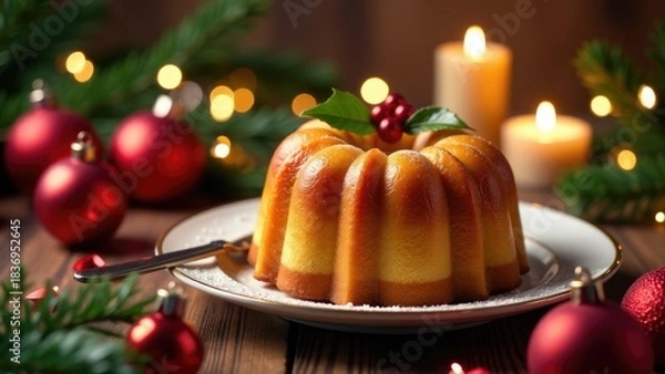 Fototapeta A delicious-looking cake on a plate with colorful candles in the background, perfect for celebrations and special occasions