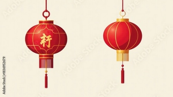 Fototapeta A pair of red lanterns suspended from a string, lit up in the evening