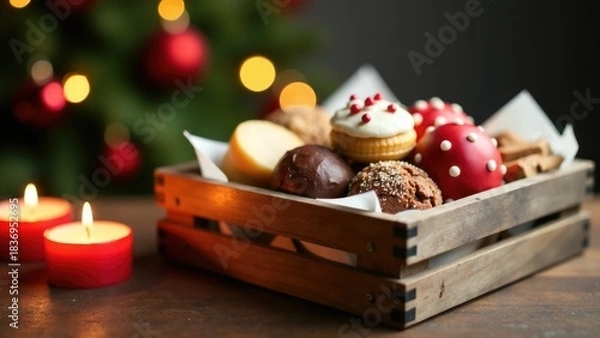 Fototapeta A wooden box filled with pastries and a lit candle, perfect for bakery or dessert display