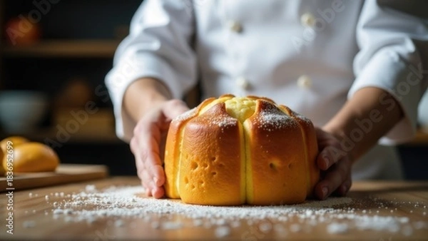 Fototapeta A person in a chef's uniform is carefully preparing a loaf of bread