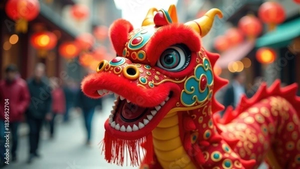 Fototapeta A large red dragon statue sits proudly in the middle of a city street, surrounded by people and buildings