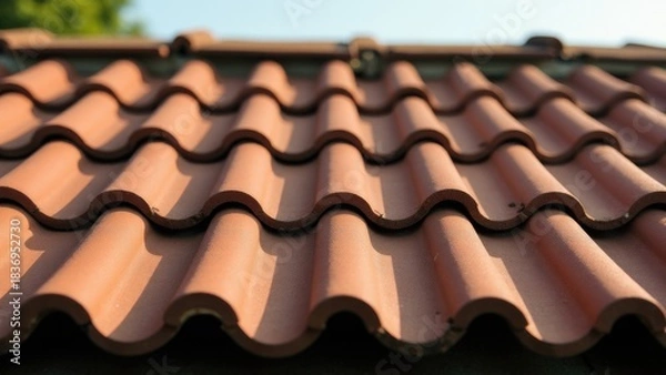 Fototapeta A close-up view of a roof with a clear blue sky in the background, perfect for travel or architecture-related projects