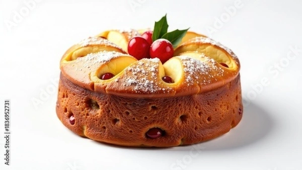 Fototapeta A slice of cake topped with fresh fruits and powdered sugar, perfect for a dessert or snack