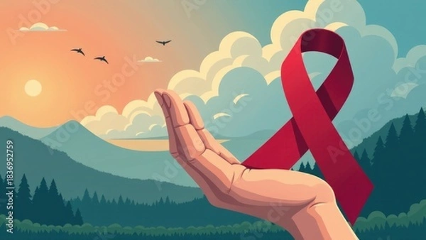 Fototapeta A person holds a red ribbon in front of a mountain, with scenic views