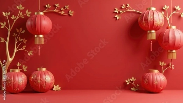Fototapeta A grouping of vibrant red lanterns suspended from a tree branch, ideal for decoration or festive use