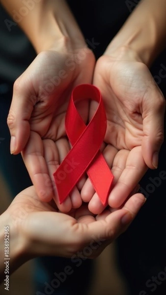 Fototapeta A person holds a red ribbon in their hands, often used for awareness campaigns or as a symbol of support