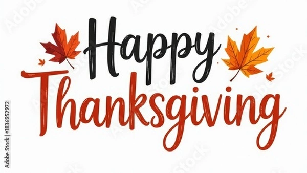 Fototapeta A colorful Thanksgiving card with autumn leaves and 'Happy Thanksgiving' text