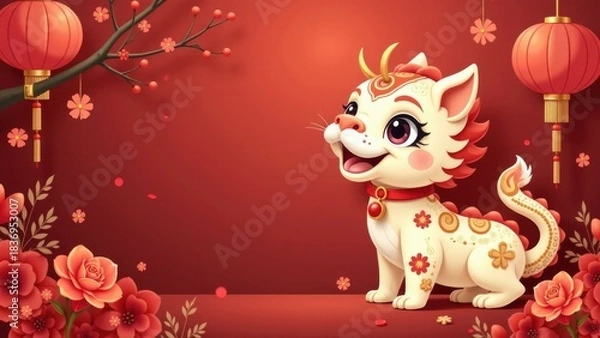 Fototapeta A white cat sits on a red background, wearing a bright red collar