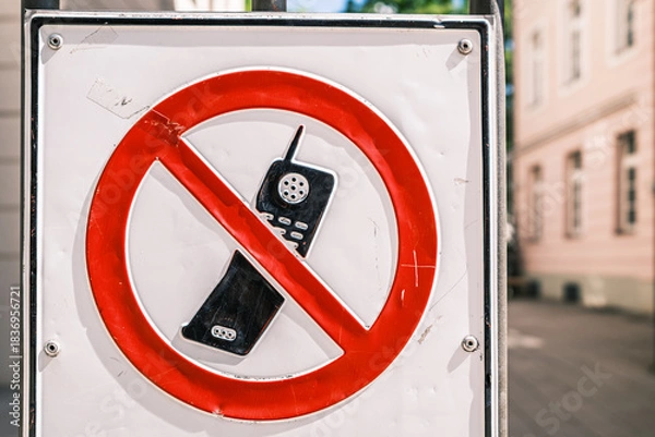 Fototapeta Sign prohibiting mobile phone use in public area during daytime, alerting visitors to stay focused on their surroundings
