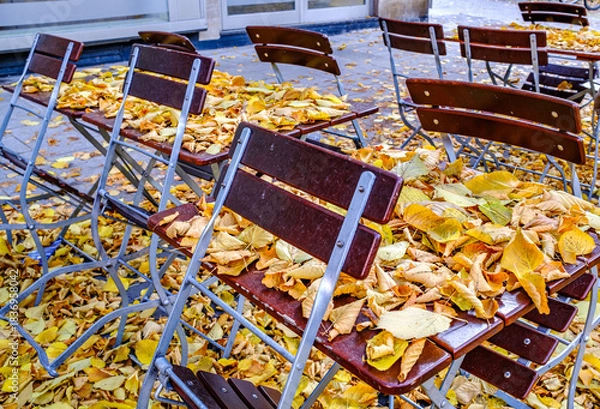 Fototapeta wooden benches and tables at a typical bavarian beergarden
