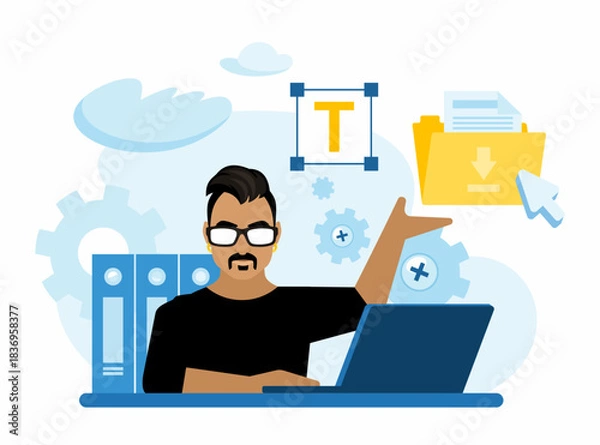 Obraz Download operating system updates. A software developer is working on a web development project using his laptop. Manage settings using a code. Flat vector illustration
