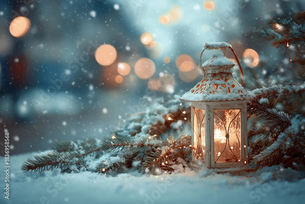 Obraz Zimowa sceneria ze starą, białą latarnią na śniegu, oświetlającą gałązki igliwia. W tle padający śnieg i rozmyte, ciepłe, świąteczne światła.