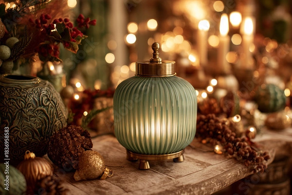 Obraz Przytulny, świąteczny stół w ciepłych barwach. Ozdobny zielony lampion ze złotymi elementami, otoczony bombkami, suszonymi owocami i zielono-czerwoną kompozycją.