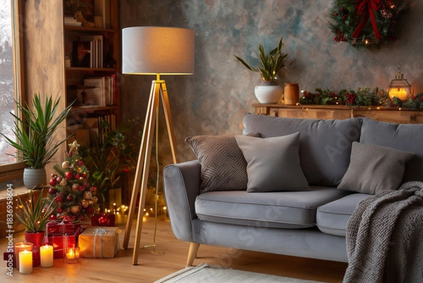Fototapeta Przytulny, świąteczny salon w szarościach. Nowoczesna sofa z poduszkami, ozdobiona choinką, prezentami i lampą trójnóg w oświetleniu okna z miejskim widokiem.