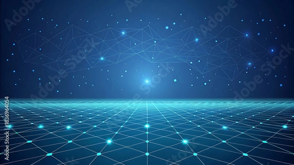 Fototapeta Abstract digital network grid with glowing blue lights and stars