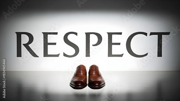Fototapeta Polished brown shoes beneath bold “RESPECT” text on white wall—symbolizing professionalism, dignity, and the value of presentation and character.