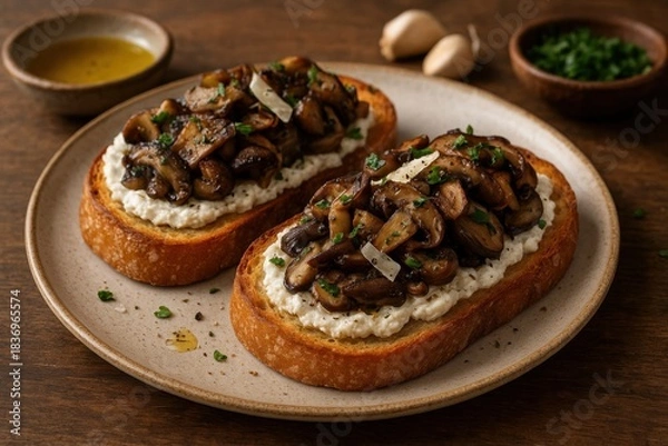 Fototapeta Gourmet Italian bruschetta topped with creamy goat cheese, sautéed mushrooms, truffle oil, and fresh parsley on toasted crusty bread, served on a rustic plate in warm natural light.