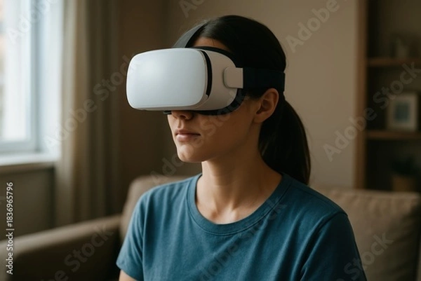 Fototapeta A young woman wearing a sleek white virtual reality headset gazes upward at sunset, standing against a blurred cityscape. The image symbolizes the connection between human curiosity and futuristic tec