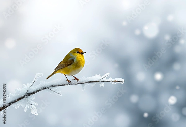 Fototapeta Vibrant Yellow Bird Perched on Frosty Branch in Serene Snowy Winter Landscape with Soft Bokeh