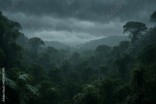 Fototapeta aerial view of a dense tropical rainforest during a heavy, dark rain shower. The lush green canopy is shrouded in mist and dramatic storm clouds