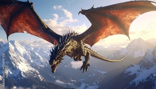 Fototapeta A dragon soaring high over snowy mountains, wings spread, basking in golden sunlight