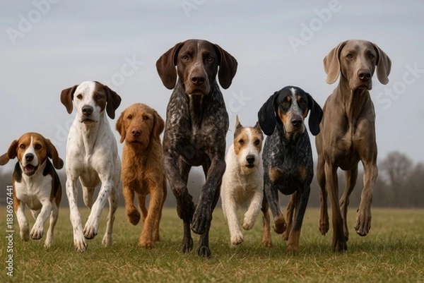 Fototapeta A wide-angle, low-perspective shot captures seven hunting dogs running in perfect alignment across an open grassy field, showcasing their power, motion, and natural harmony under neutral daylight.