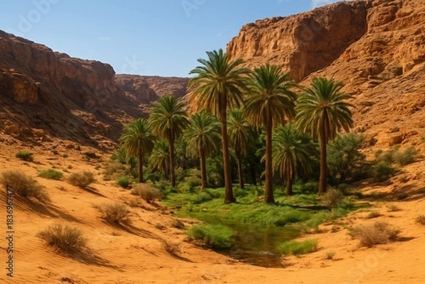Fototapeta Lush desert oasis nestled within a dramatic canyon, featuring vibrant palm trees, green vegetation, and a tranquil stream, set against the warm tones of towering sandstone cliffs and golden sand dunes