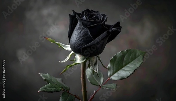 Fototapeta A dramatic black rose stands out against a smoky dark background, its thorns adding a touch of danger to its beauty
