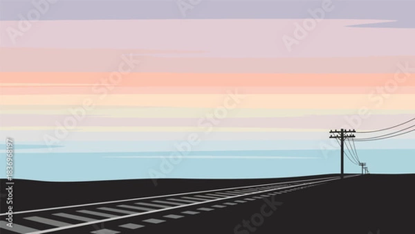 Fototapeta Railway tracks stretching towards the horizon with a utility pole.