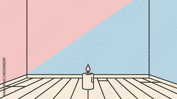 Fototapeta A single lit candle stands in an empty room.