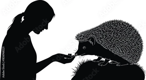 Fototapeta Human hedgehog silhouette, wildlife interaction icon, feeding moment, black illustration, nature kindness, animal care gesture, elevated pose, forest connection, gentle behavior